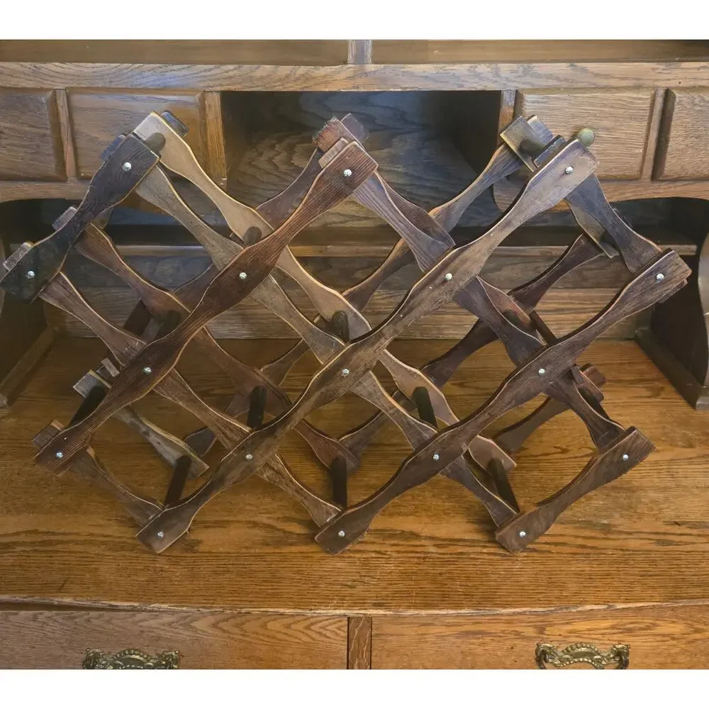 Vintage Mid Century Modern Folding Accordion Solid Wood Wine Rack MCM 10 Bottles